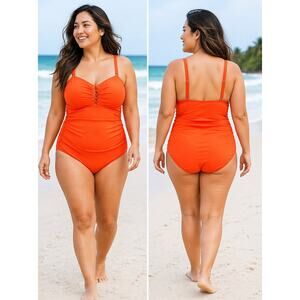 Yonique Orange One Piece Swimsuit 20W Tummy Control Ruched - NEW